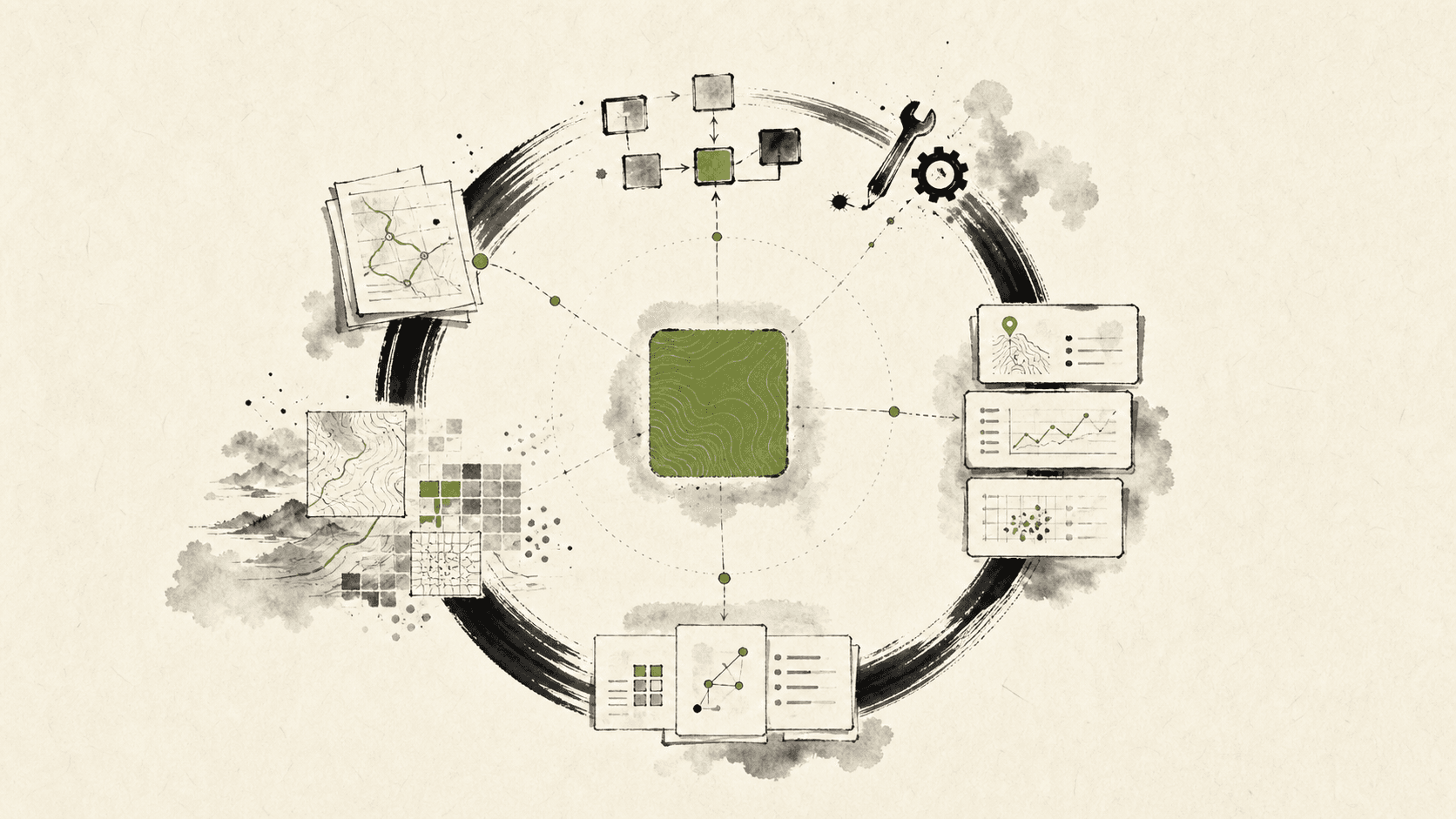 Sumi-e diagram of a spatial workflow moving through verification and reuse