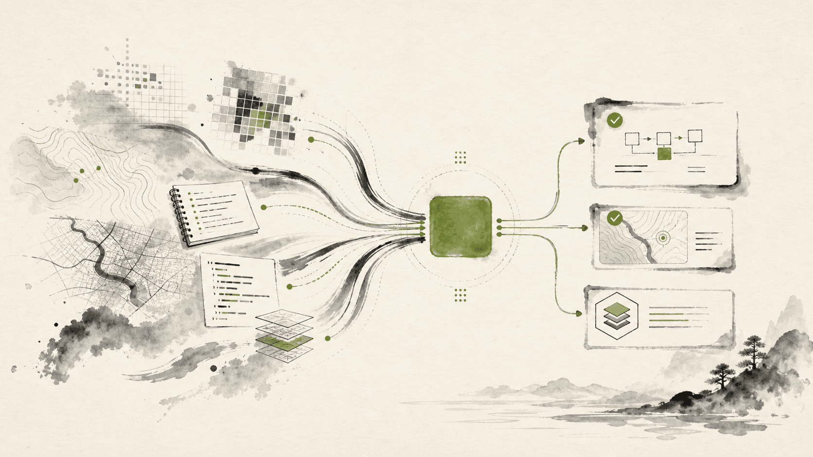 Sumi-e illustration of spatial context flowing into connected agent outputs