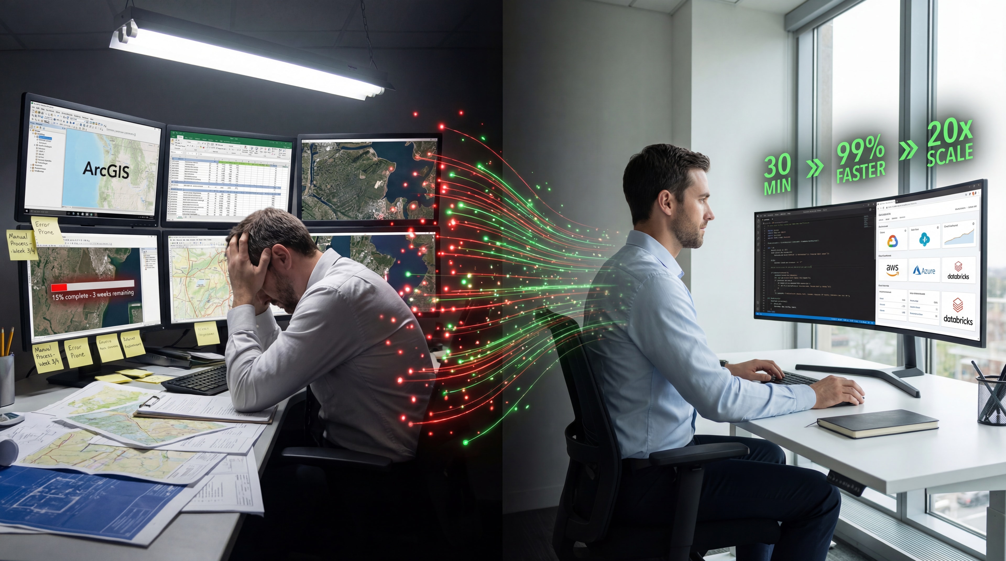 Before and after comparison: stressed analyst with manual ArcGIS workflows transforming into confident automation with 30 minute runtime, 99% accuracy, and 20x scale