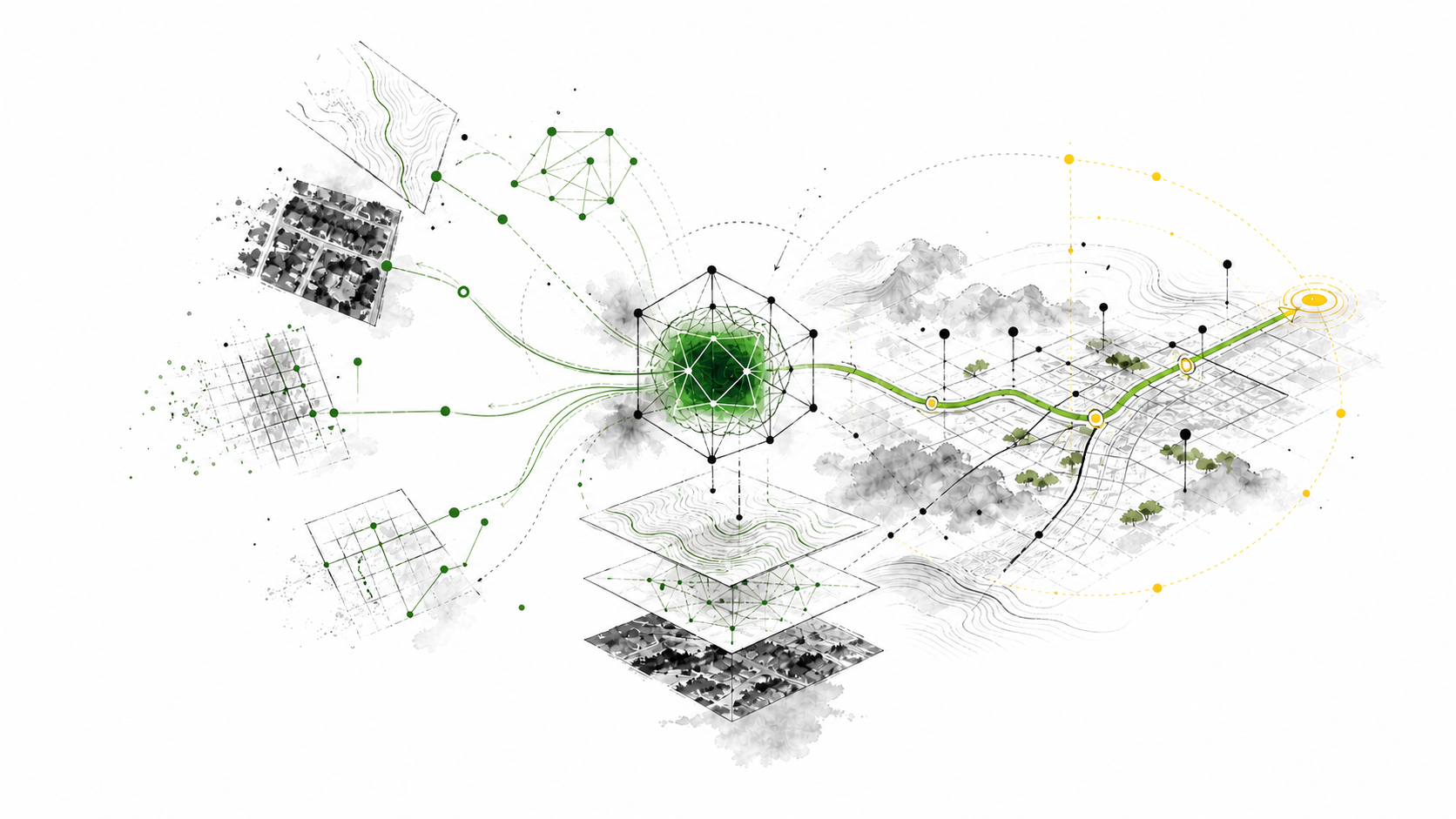 Spatial observations, terrain, networks, and several routes resolving into one checked spatial relationship.